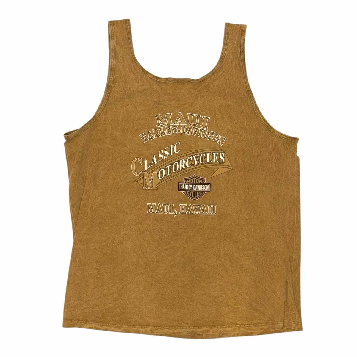 Vangsworld, Inc brown acid-wash Harley-Davidson sleeveless tank top with Maui Hawaii motorcycle graphic print