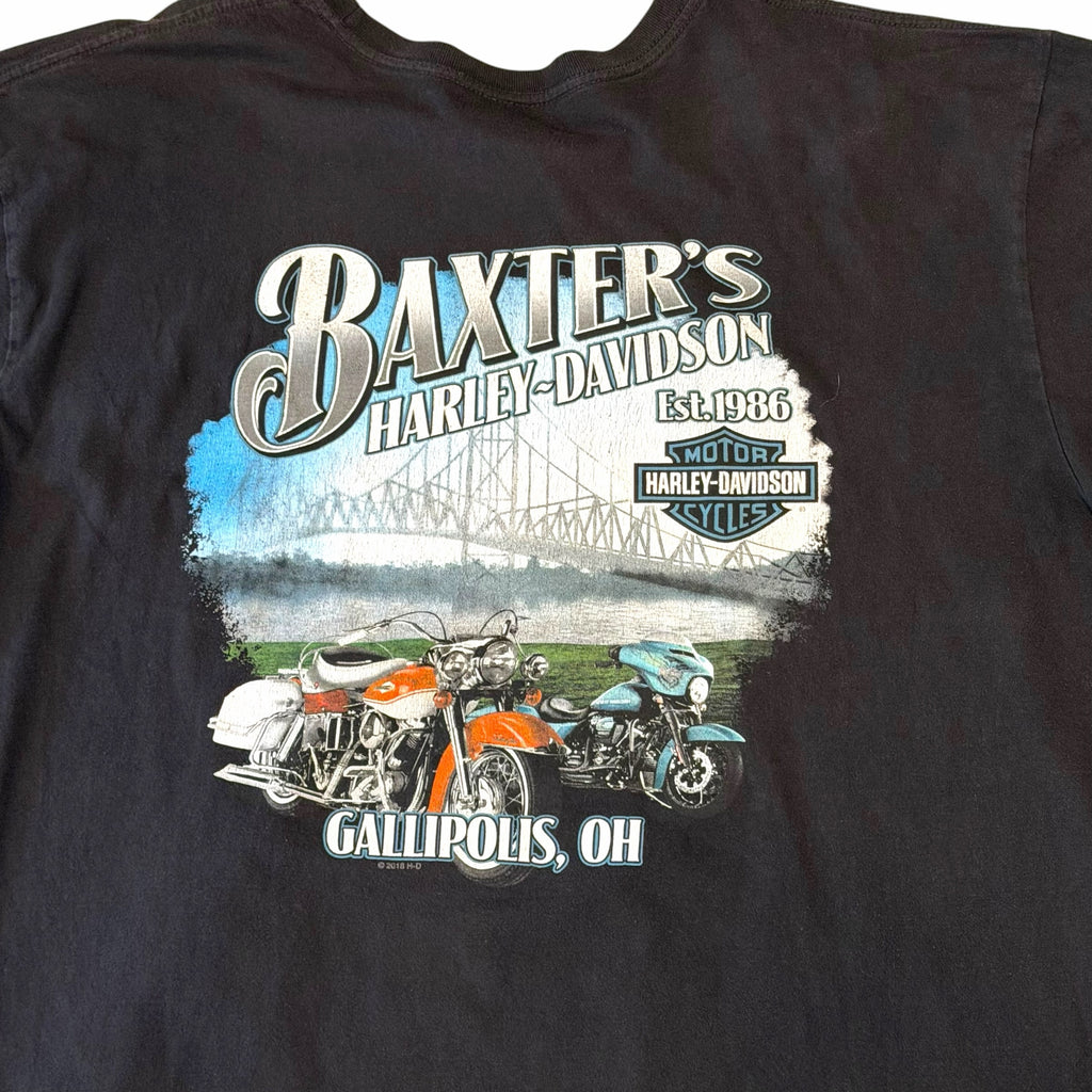 Vangsworld, Inc black Harley-Davidson graphic t-shirt featuring a Baxter's Gallipolis Ohio motorcycle print on back