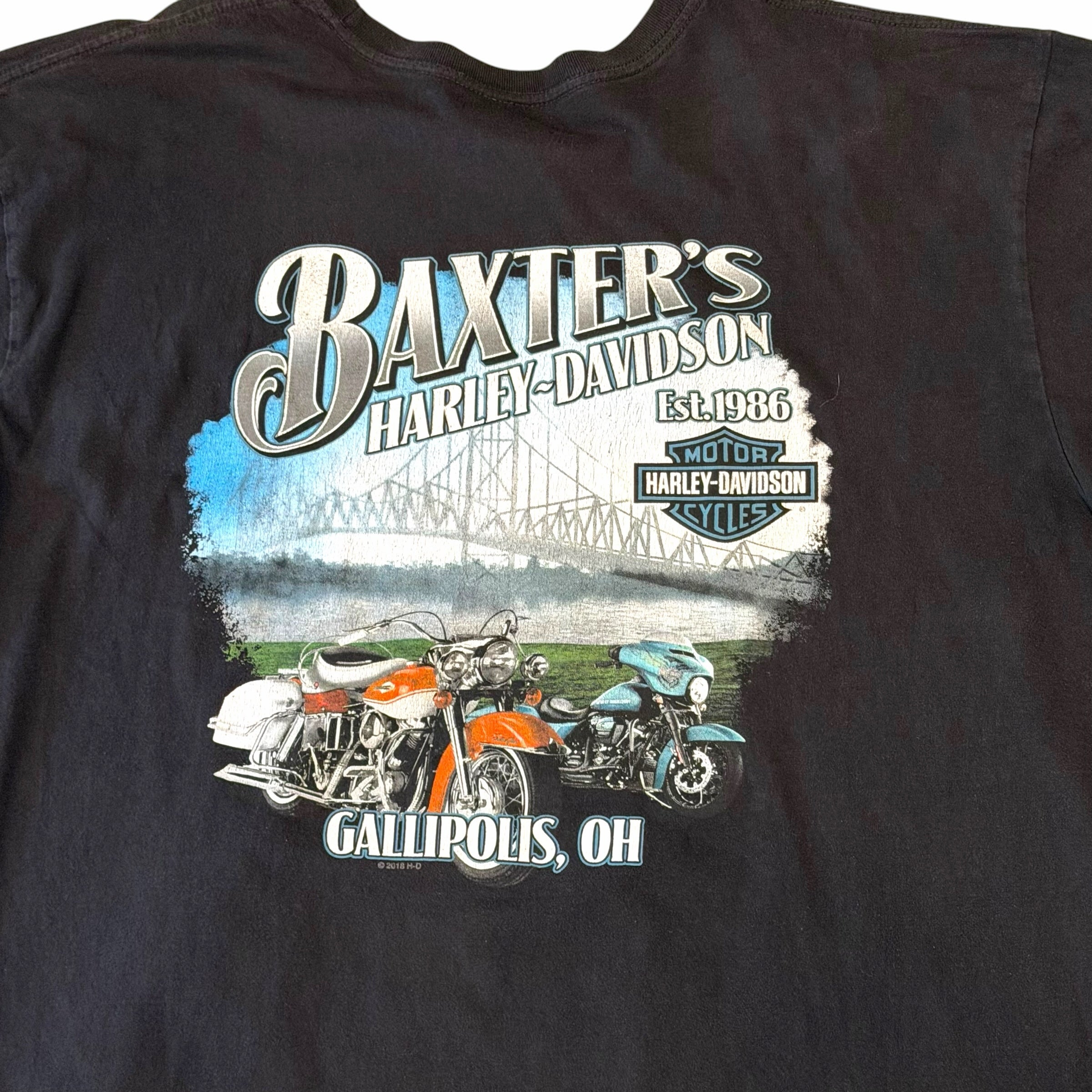 Vangsworld, Inc black Harley-Davidson graphic t-shirt featuring a Baxter's Gallipolis Ohio motorcycle print on back