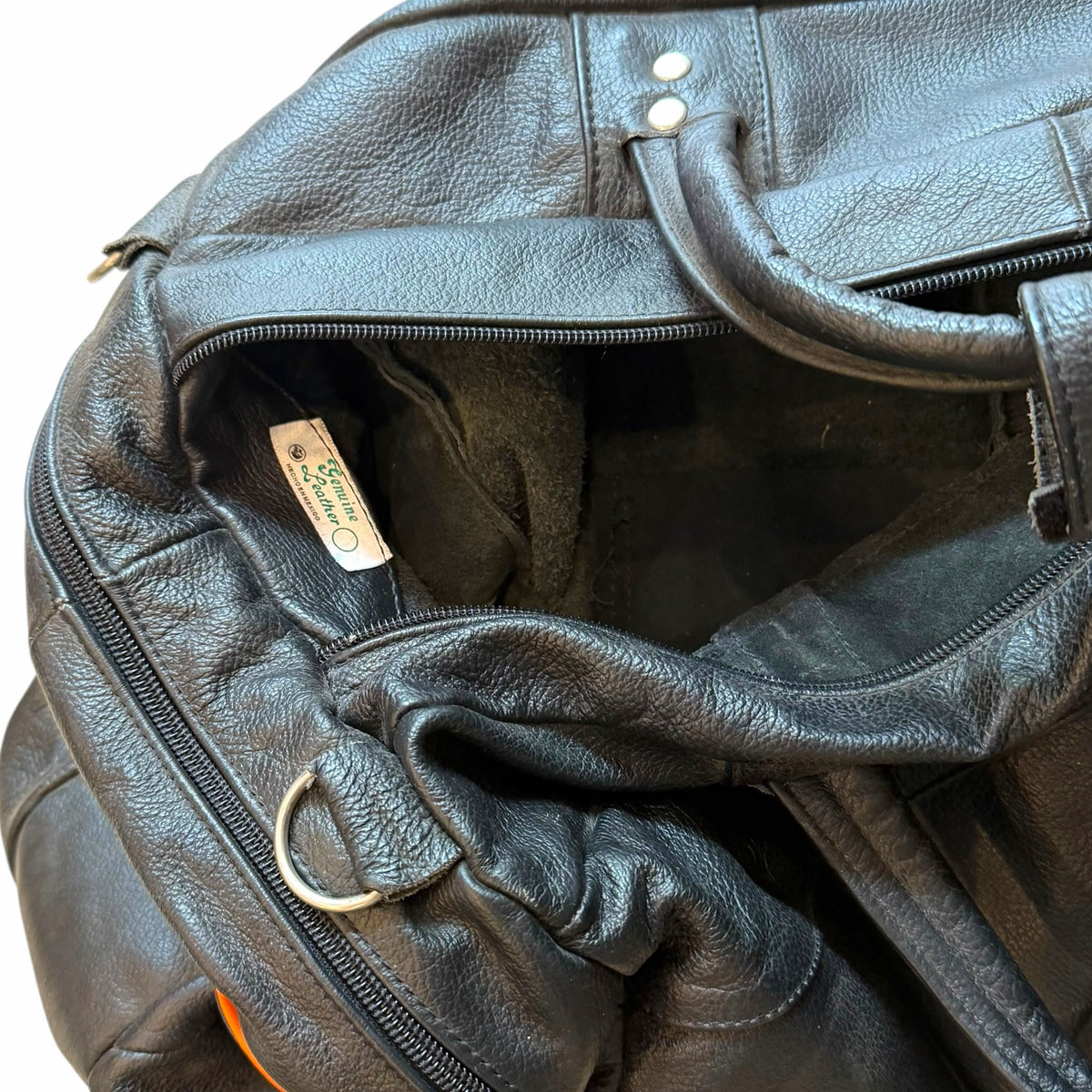 Vangsworld, Inc Harley-Davidson black genuine leather duffel bag with zippered pocket and interior tag detail