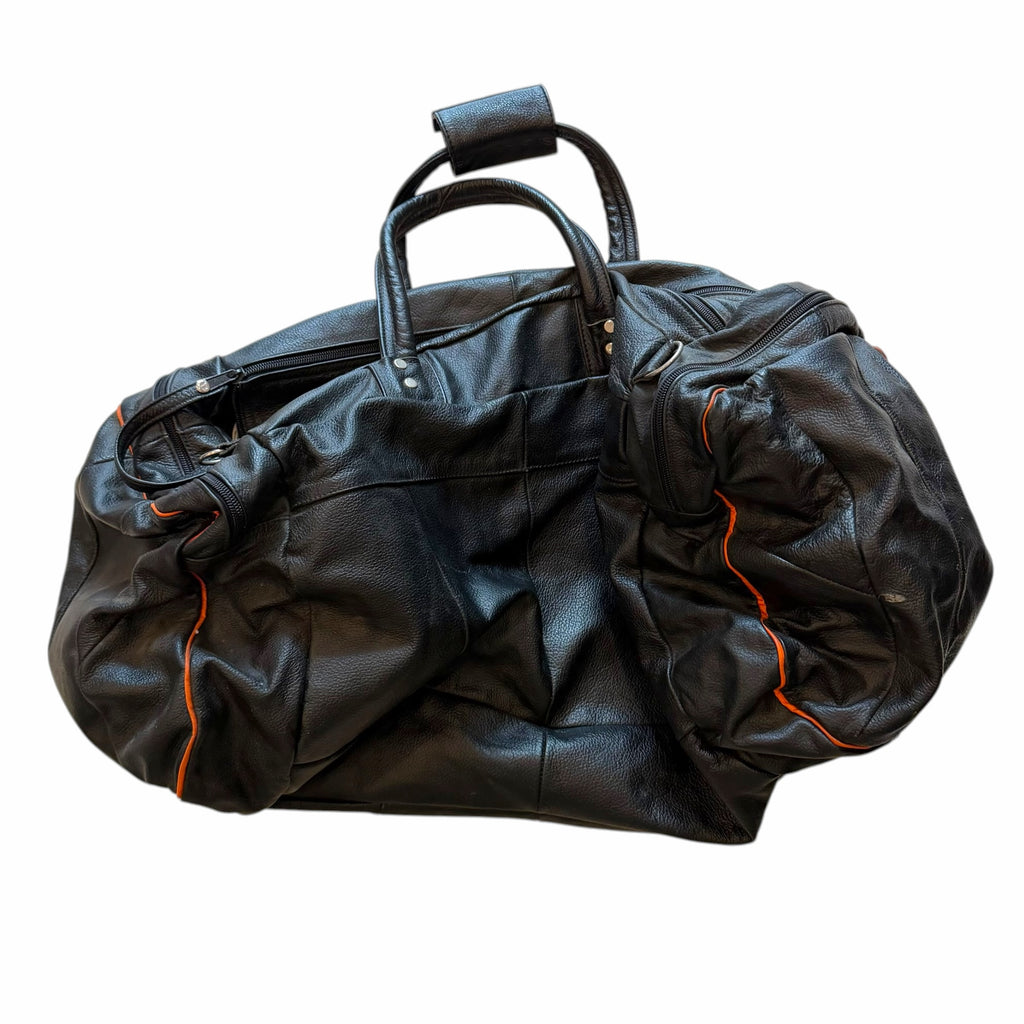Vangsworld, Inc Harley-Davidson black genuine leather duffel bag with orange piping and sturdy carry handles