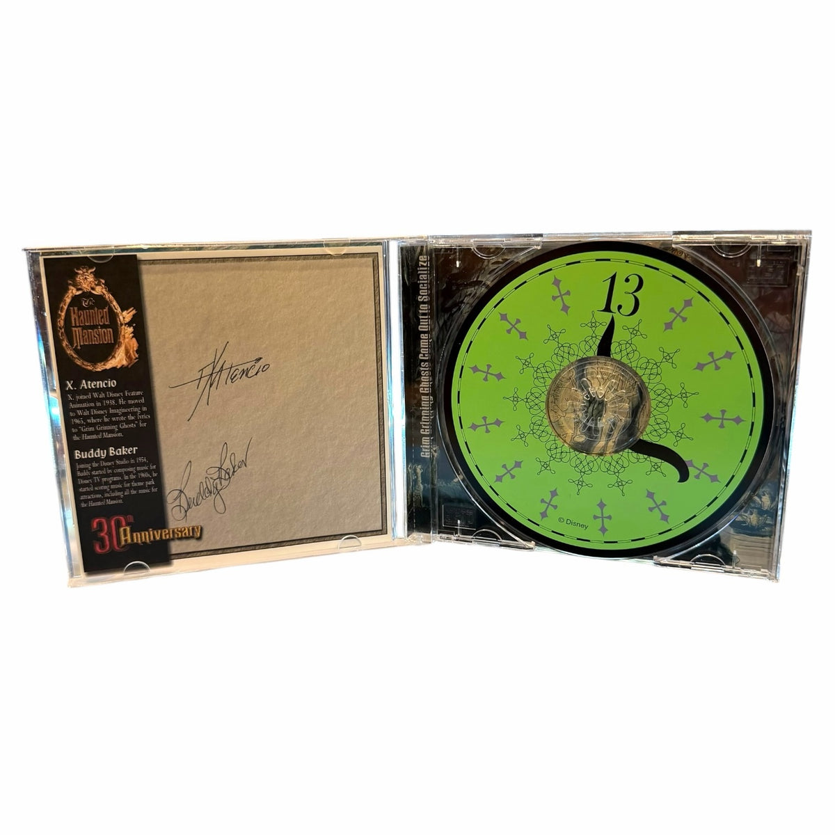 Vangsworld, Inc The Haunted Mansion 30th Anniversary CD with clock face disc and X. Atencio and Buddy Baker signatures