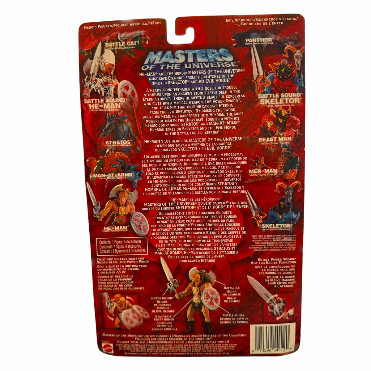 Vangsworld, Inc Masters of the Universe He-Man action figure packaging back showing character bios and accessories
