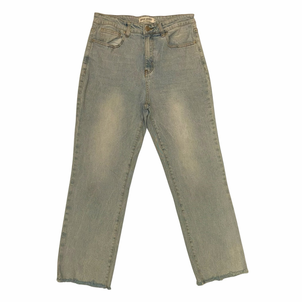 Vangsworld, Inc light-wash high-rise denim jeans with a straight-leg fit and raw frayed hem.