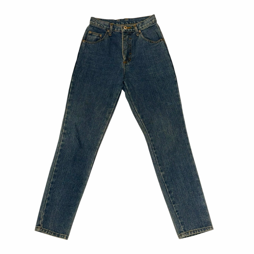 Vangsworld, Inc high-waisted medium-blue denim jeans with a classic five-pocket design and button fly closure.