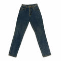 Vangsworld, Inc high-waisted medium-blue denim jeans with a classic five-pocket design and button fly closure.