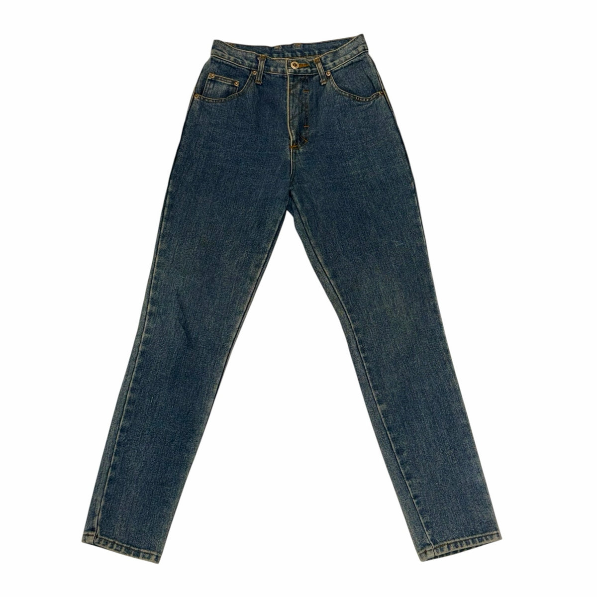 Vangsworld, Inc high-waisted medium-blue denim jeans with a classic five-pocket design and button fly closure.