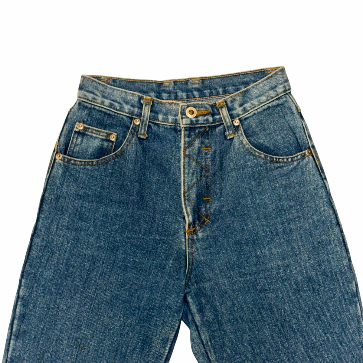 Vangsworld, Inc high-waisted medium-blue denim jeans with classic five-pocket styling and button fly closure.