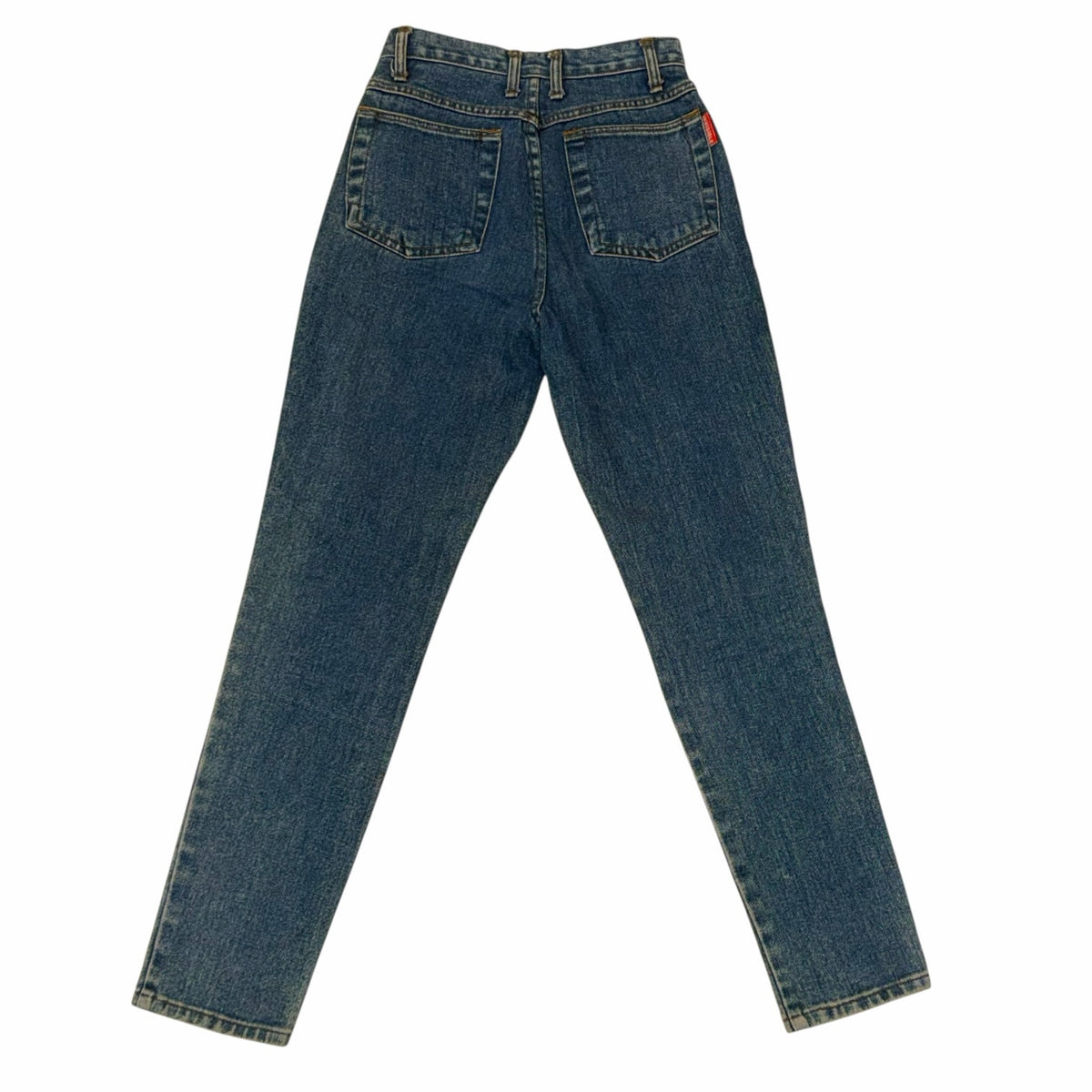 Vangsworld, Inc high-waisted denim jeans in a medium-blue wash with classic five-pocket styling, back view.