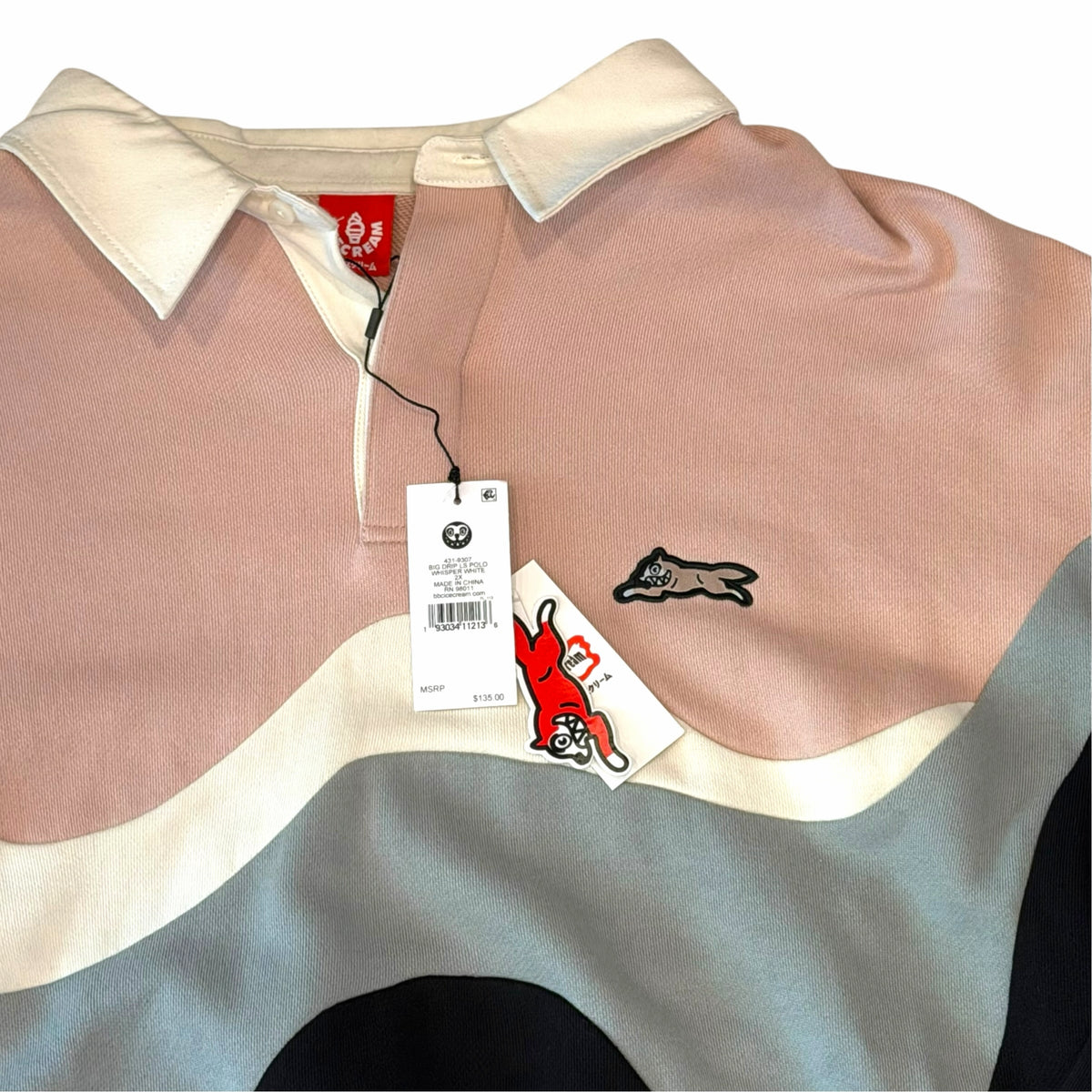 Vangsworld, Inc Icecream long sleeve polo with wavy color-block design in pink, white, grey, and black with logo.