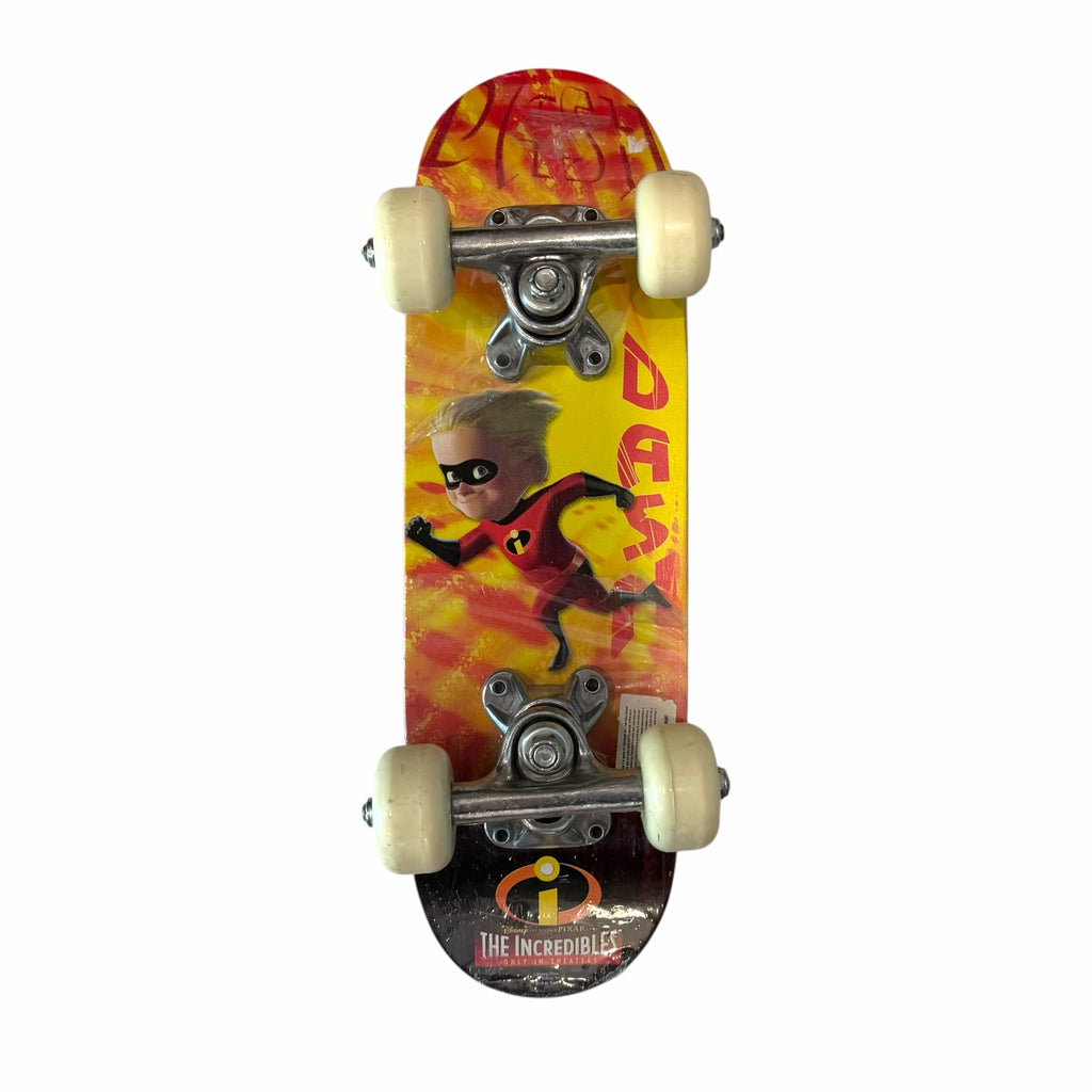 Vangsworld, Inc The Incredibles Dash graphic skateboard with a wooden deck, metal trucks, and white wheels.