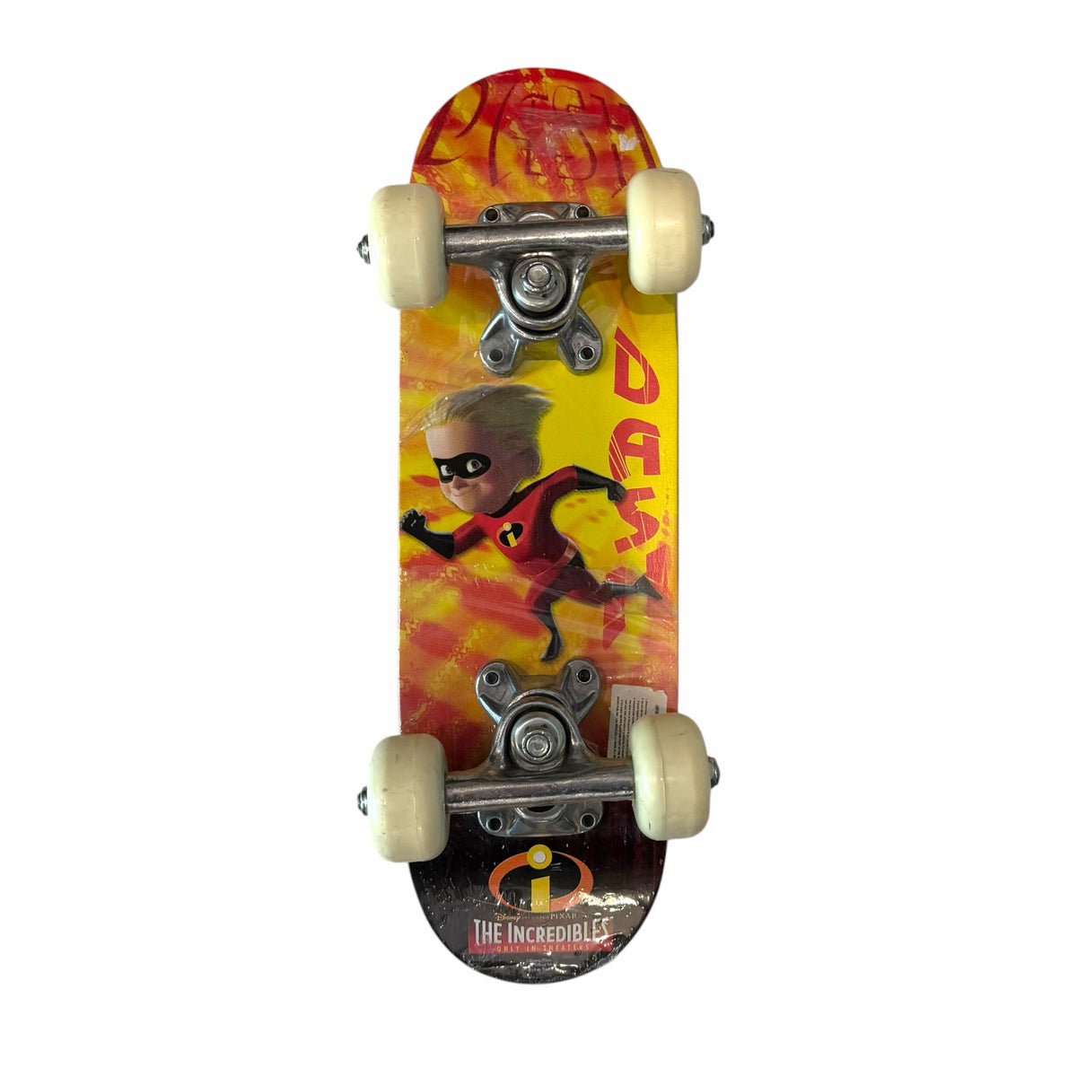 Vangsworld, Inc The Incredibles Dash graphic skateboard with a wooden deck, metal trucks, and white wheels.