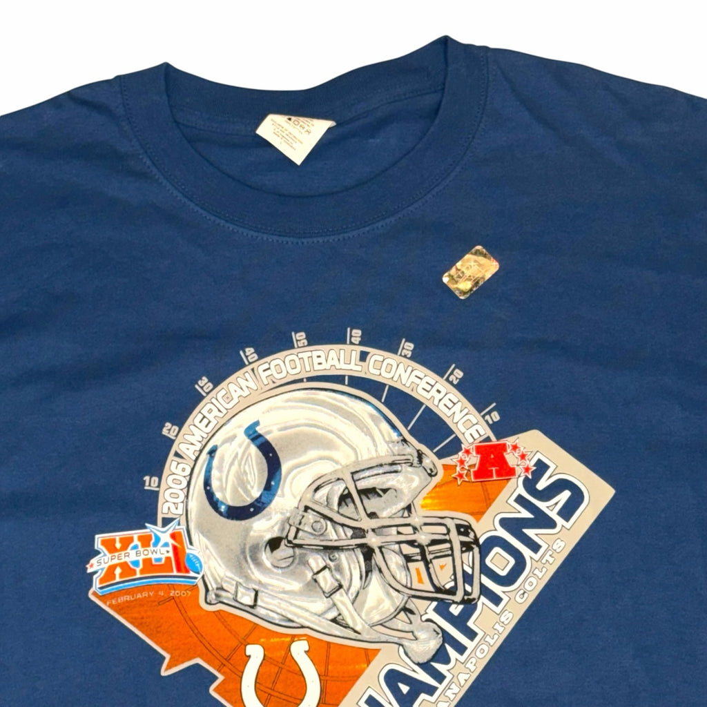 Vangsworld, Inc blue Indianapolis Colts 2006 AFC Champions graphic t-shirt with Super Bowl XLI helmet print