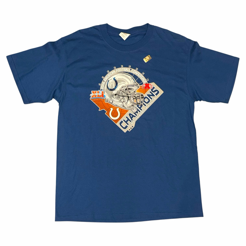 Vangsworld, Inc blue Indianapolis Colts 2006 AFC Champions graphic t-shirt with helmet print and crew neckline.
