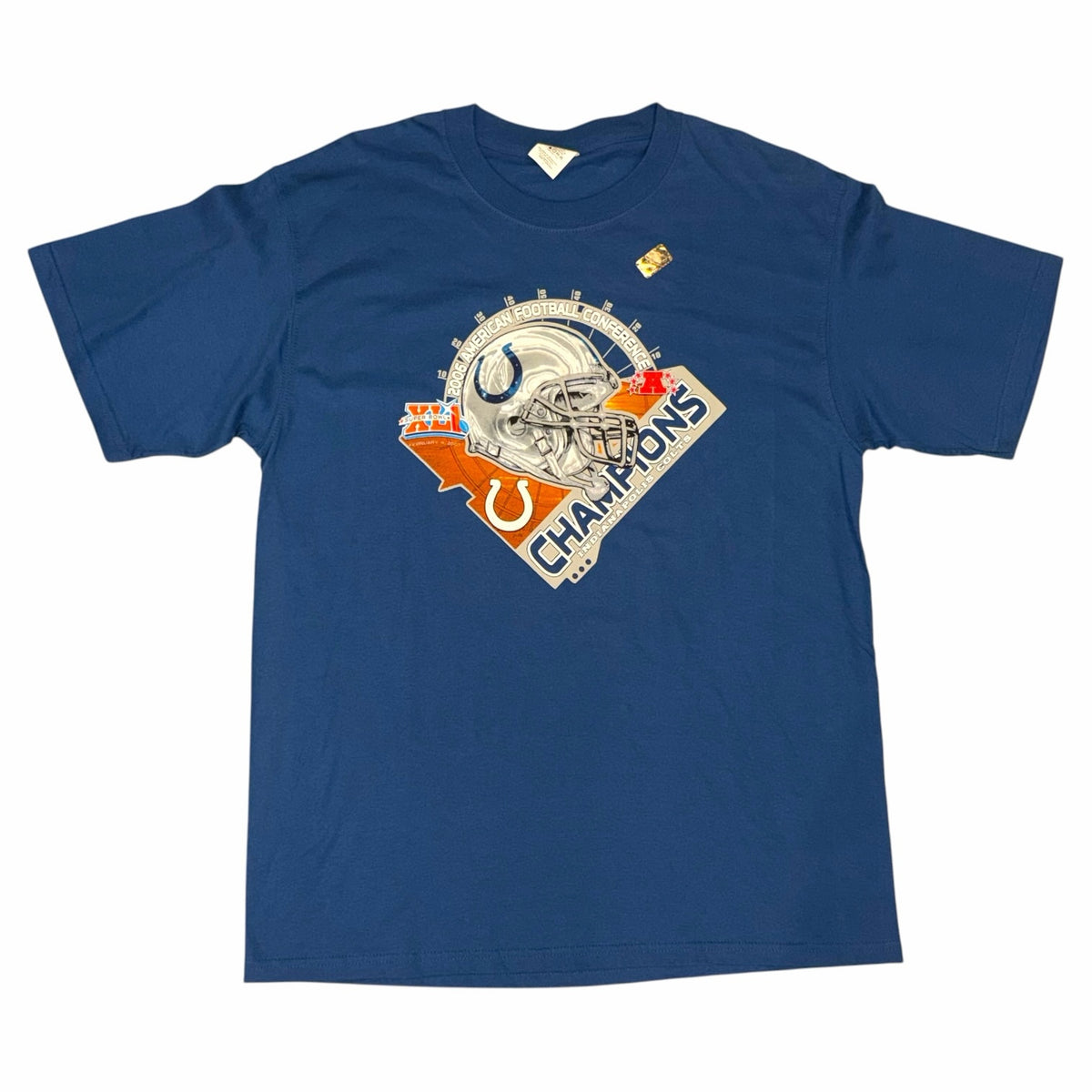 Vangsworld, Inc blue Indianapolis Colts 2006 AFC Champions graphic t-shirt with helmet print and crew neckline.
