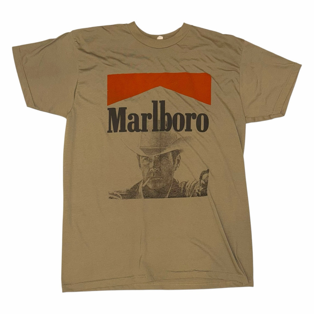 Vangsworld, Inc khaki crewneck t-shirt featuring a vintage Marlboro cowboy graphic print on the chest.