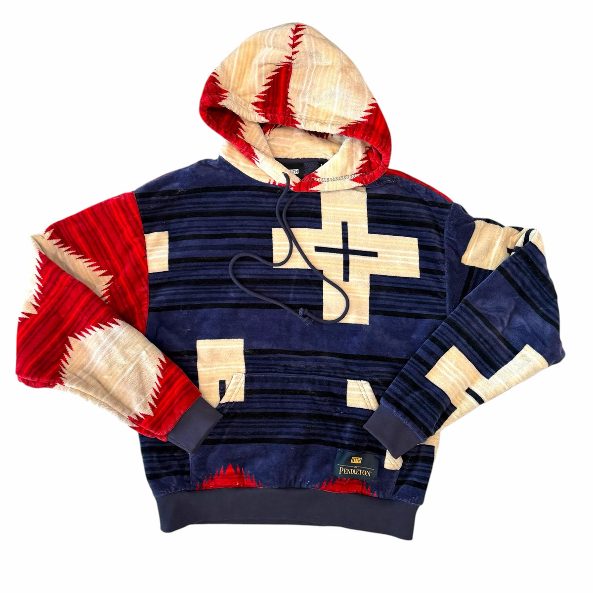 Vangsworld, Inc KITH and PENDLETON cotton hoodie featuring a navy, red, and cream Southwestern geometric pattern.