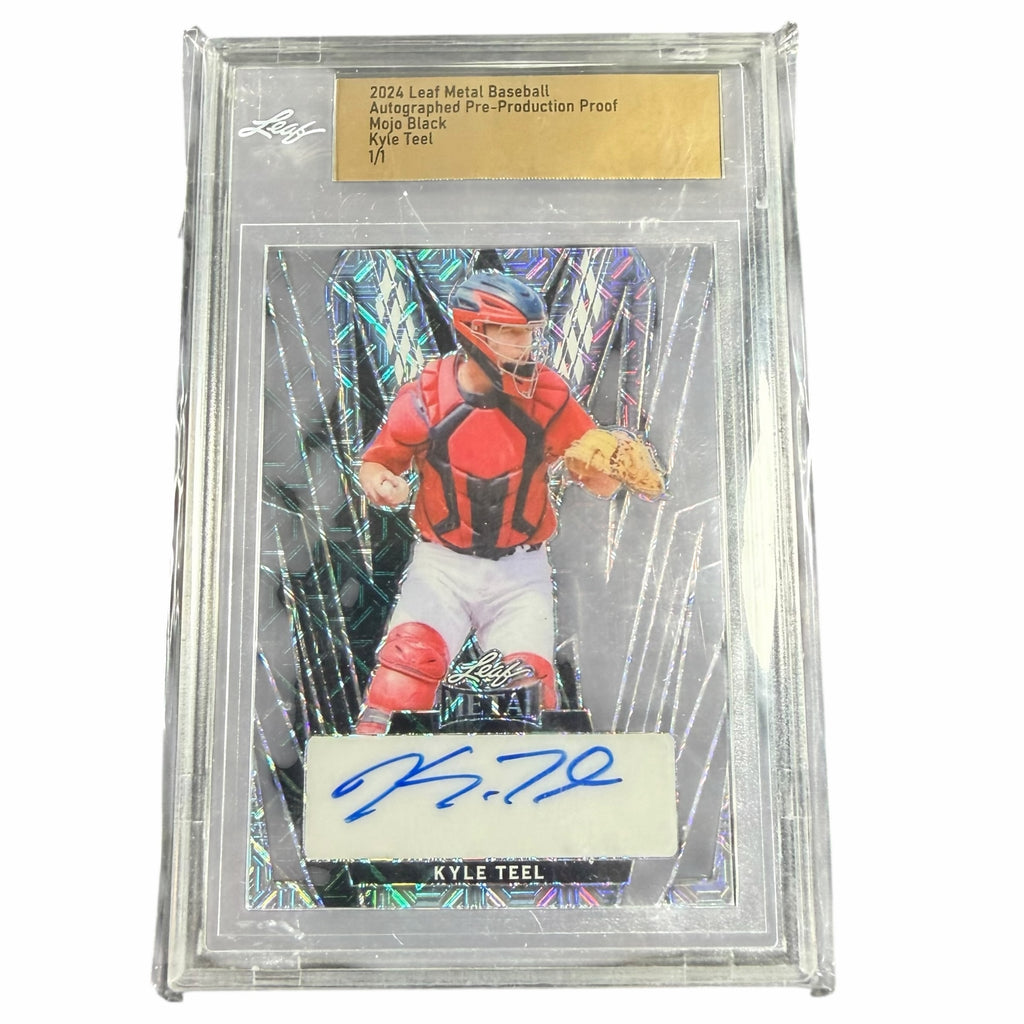 Vangsworld, Inc 1/1 Kyle Teel Leaf Metal baseball card in a protective slab with a Mojo Black light-refracting finish.