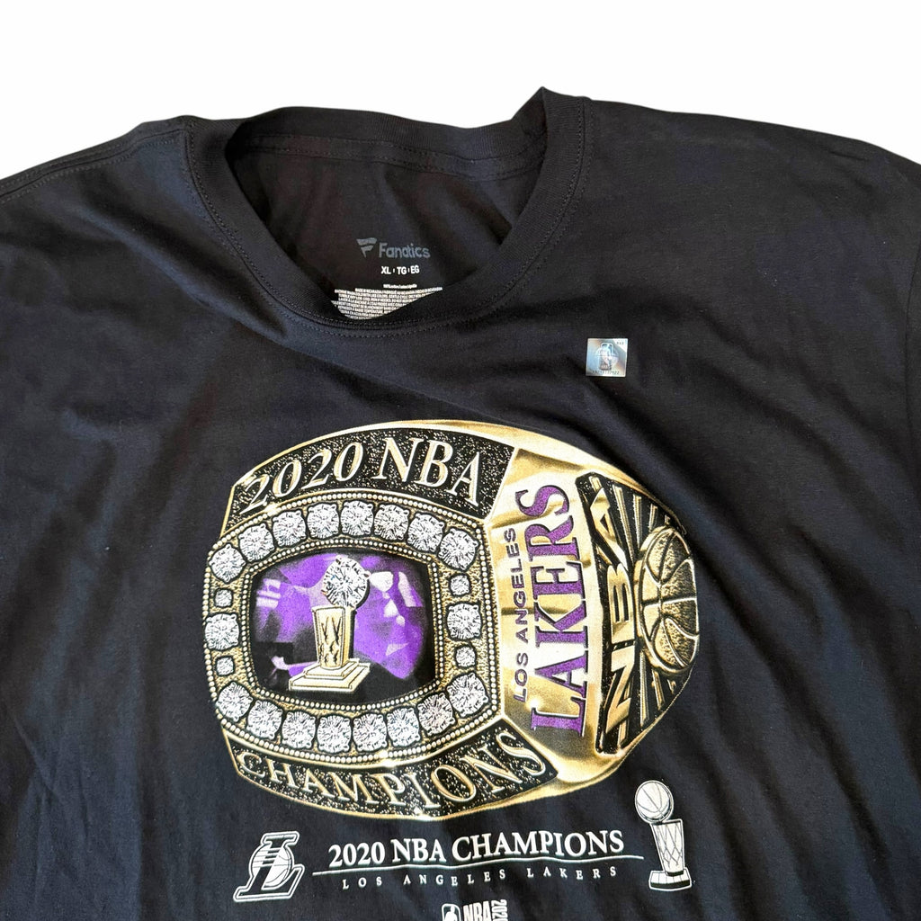Vangsworld, Inc black cotton crewneck t-shirt featuring a gold and purple 2020 NBA Lakers championship ring graphic.