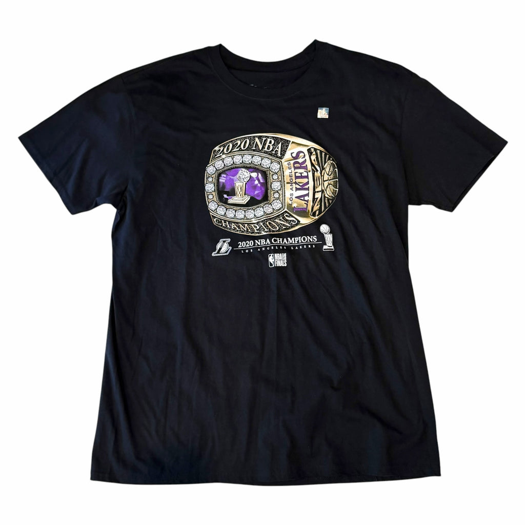Vangsworld, Inc black crewneck t-shirt featuring a 2020 NBA Champions Los Angeles Lakers ring graphic in gold and purple