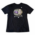 Vangsworld, Inc black crewneck t-shirt featuring a 2020 NBA Champions Los Angeles Lakers ring graphic in gold and purple