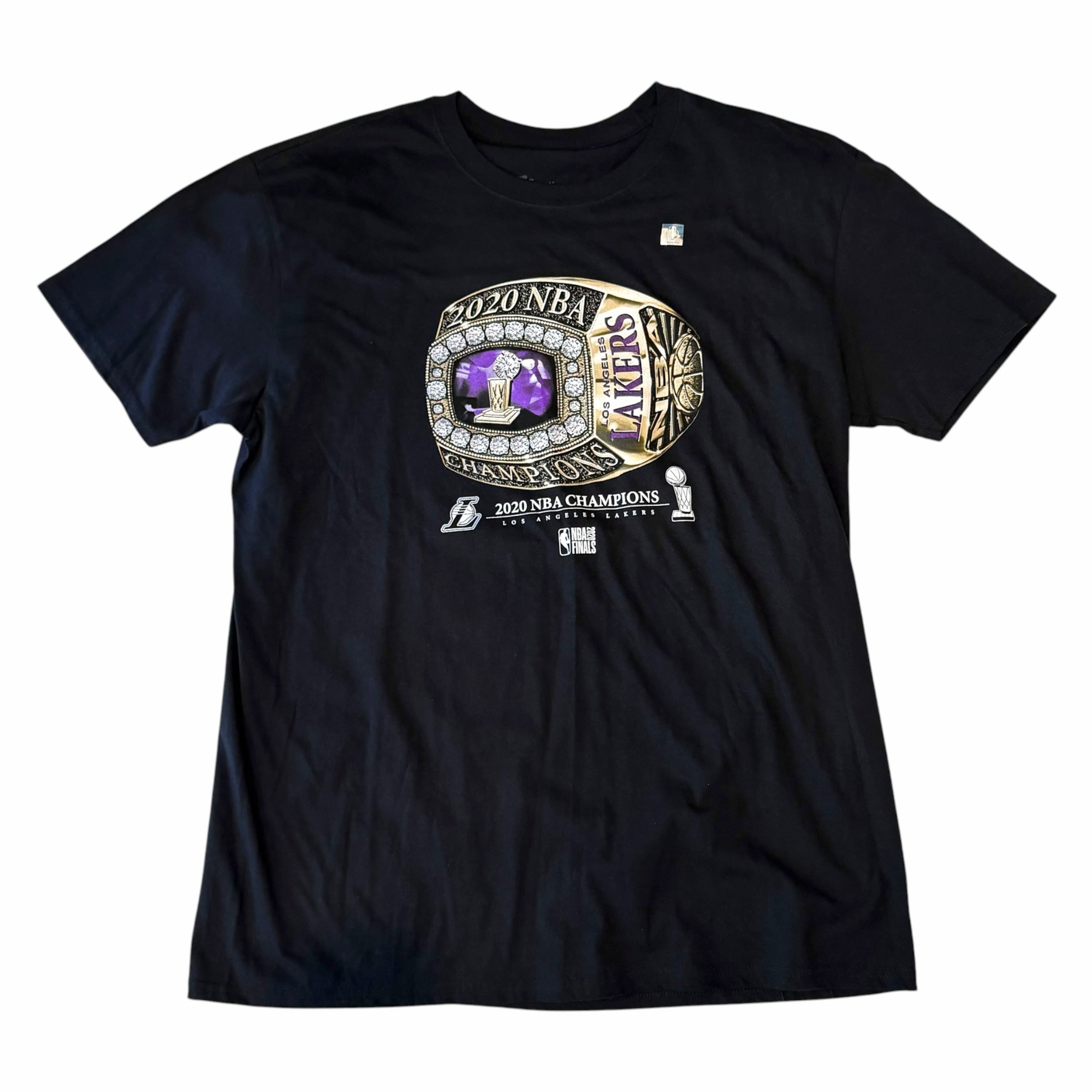 Vangsworld, Inc black crewneck t-shirt featuring a 2020 NBA Champions Los Angeles Lakers ring graphic in gold and purple