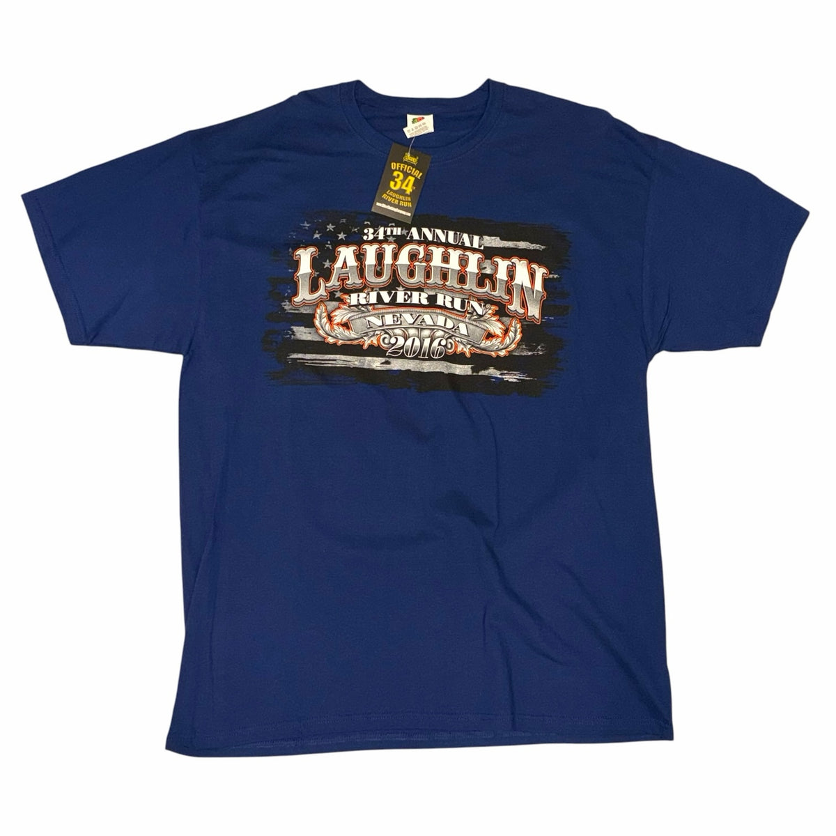 Vangsworld, Inc navy blue crewneck t-shirt featuring 34th Annual Laughlin River Run 2016 distressed graphic print.