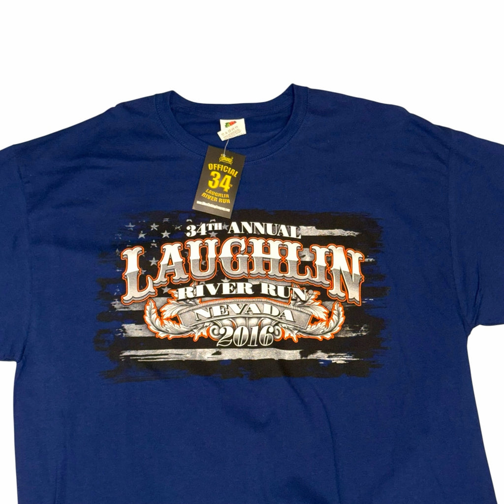 Vangsworld, Inc navy blue 34th Annual Laughlin River Run 2016 graphic crewneck t-shirt with distressed event logo