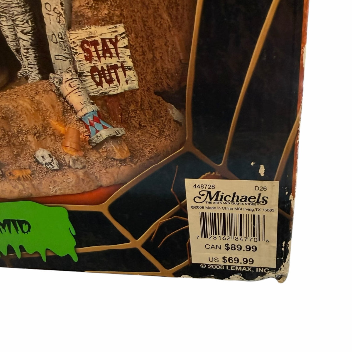 Vangsworld, Inc Lemax Spooky Town Haunted Pyramid box detail showing a Stay Out sign and mummy figure