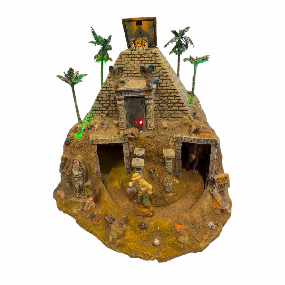 Vangsworld, Inc Lemax Spooky Town Haunted Pyramid with glowing lights, mummies, and palm trees for Halloween decor.