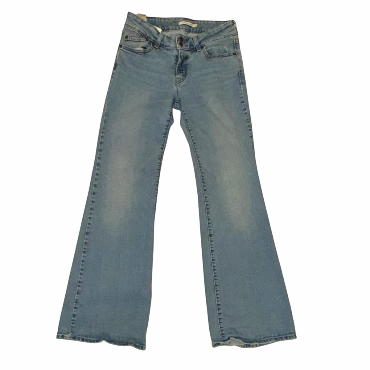 Vangsworld, Inc Levi Strauss & Co. light wash blue low-rise flare leg denim jeans with classic five-pocket styling.