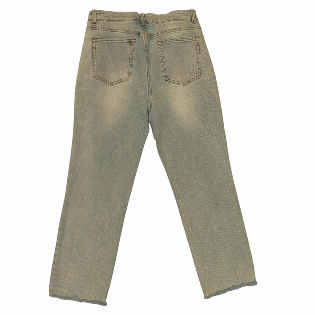 Vangsworld, Inc light-wash high-rise denim jeans with a straight-leg fit, back pockets, and raw frayed hems.