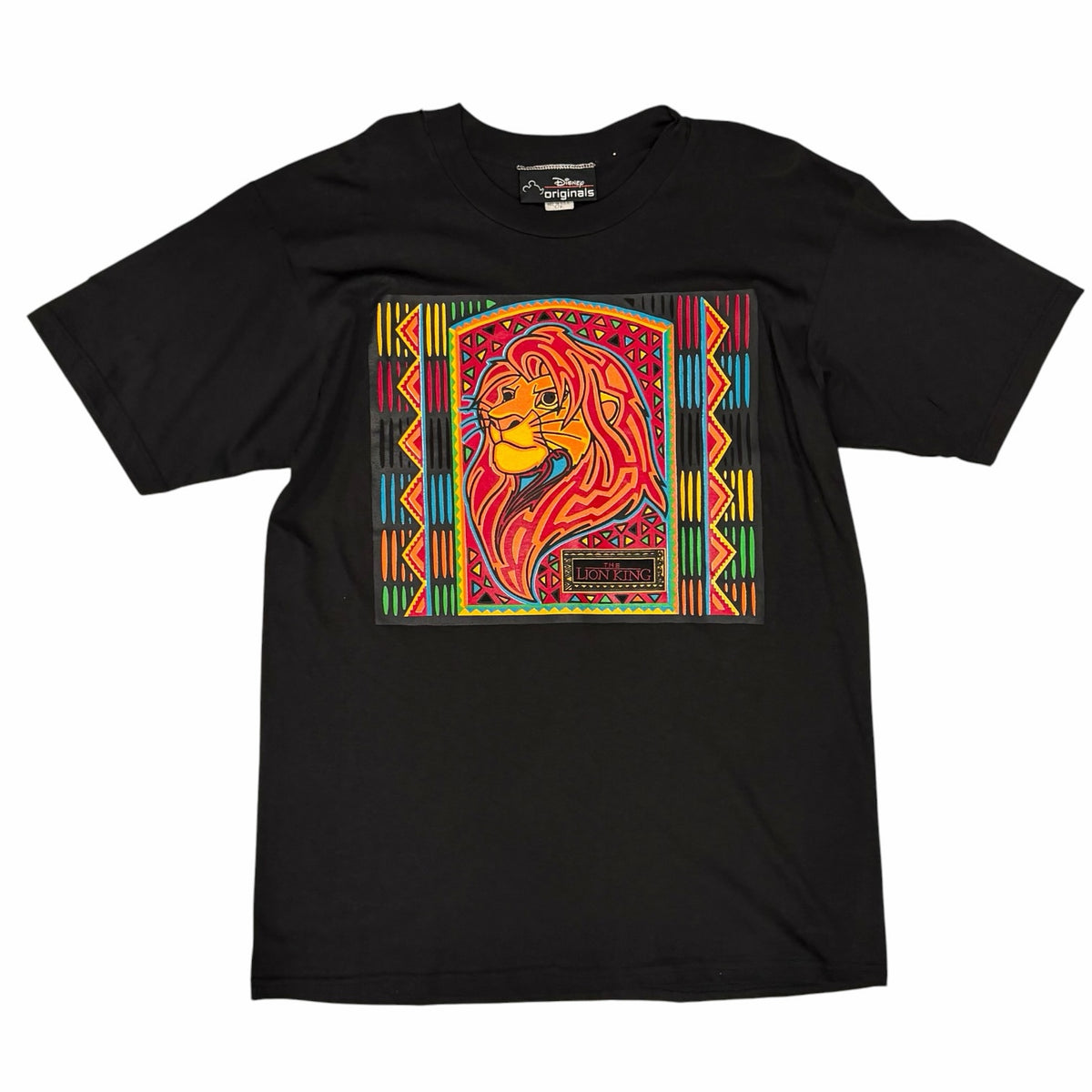 Vangsworld, Inc black cotton crewneck t-shirt featuring a vibrant Simba graphic from The Lion King with geometric art.