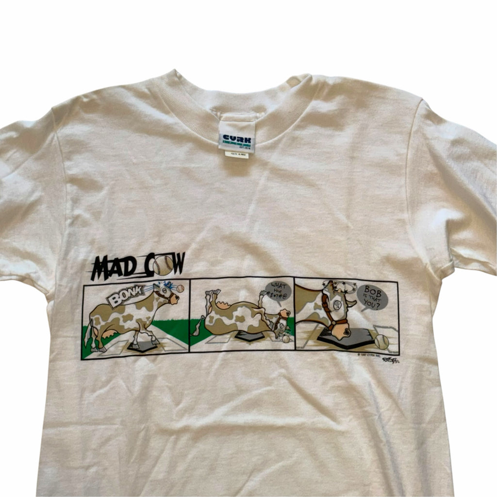 Vangsworld, Inc white cotton crewneck t-shirt featuring a vintage Mad Cow baseball comic strip graphic print