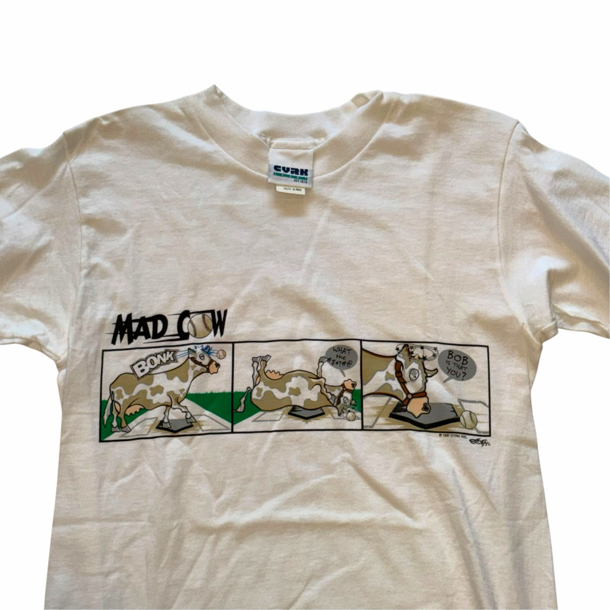 Vangsworld, Inc white cotton crewneck t-shirt featuring a vintage Mad Cow baseball comic strip graphic print
