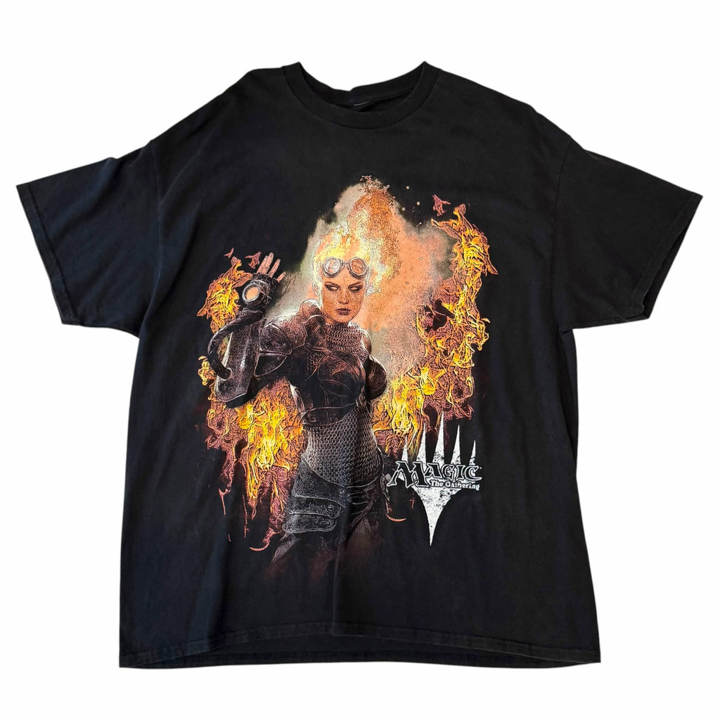Vangsworld, Inc black cotton crewneck t-shirt featuring a Magic The Gathering pyromancer graphic print on the front.