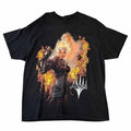 Vangsworld, Inc black cotton crewneck t-shirt featuring a Magic The Gathering pyromancer graphic print on the front.