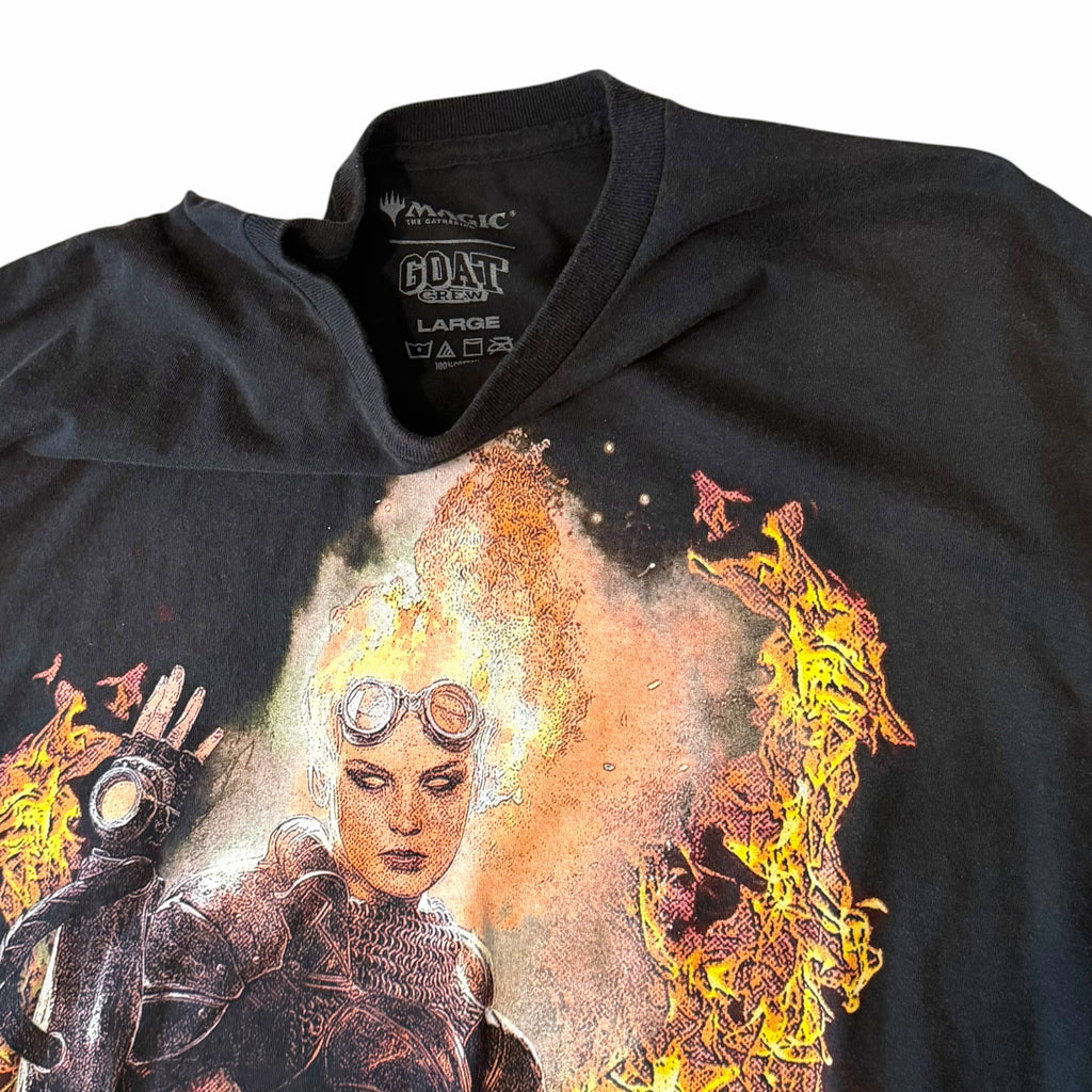 Vangsworld, Inc black cotton Magic The Gathering t-shirt featuring a fiery pyromancer graphic print on the front