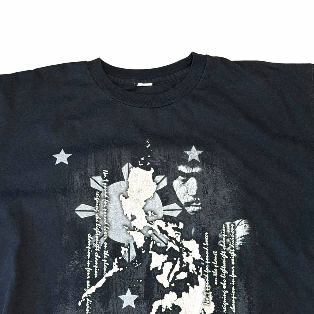 Vangsworld, Inc black cotton crewneck t-shirt featuring a distressed Manny Pacquiao graphic and Philippine map print.