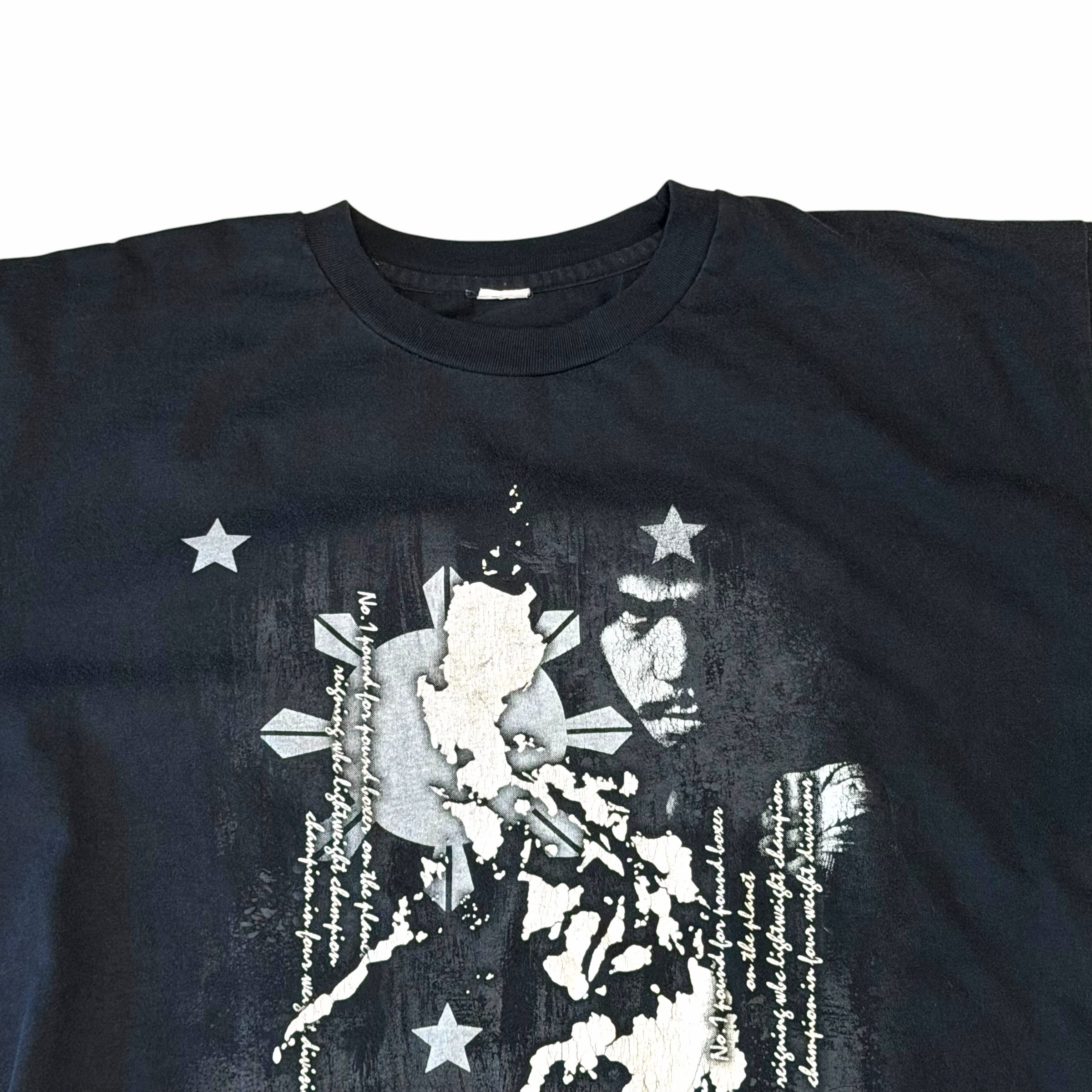 Vangsworld, Inc black cotton crewneck t-shirt featuring a distressed Manny Pacquiao graphic and Philippine map print.