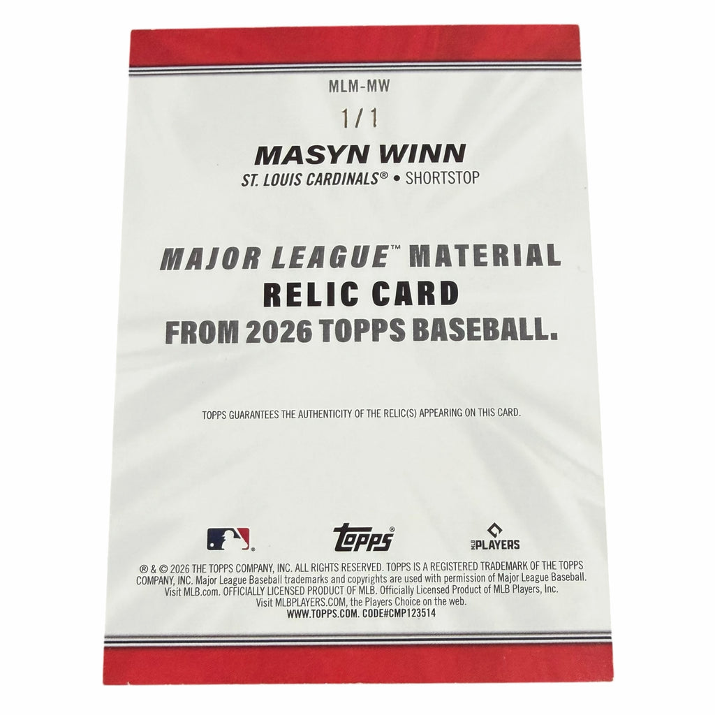 Vangsworld, Inc 2026 Topps Masyn Winn 1/1 Major League Material Relic baseball card back side with official branding