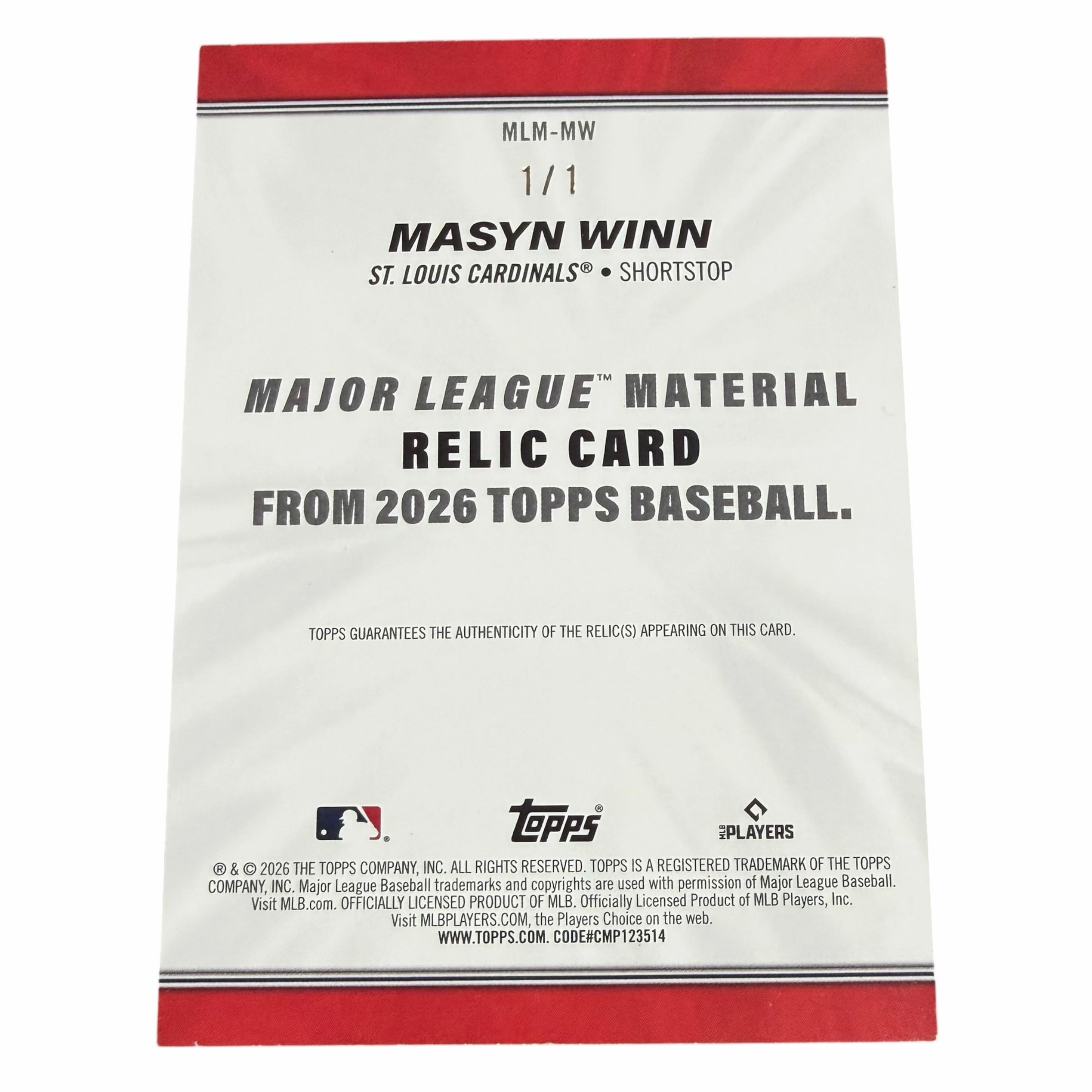 Vangsworld, Inc 2026 Topps Masyn Winn 1/1 Major League Material Relic baseball card back side with official branding