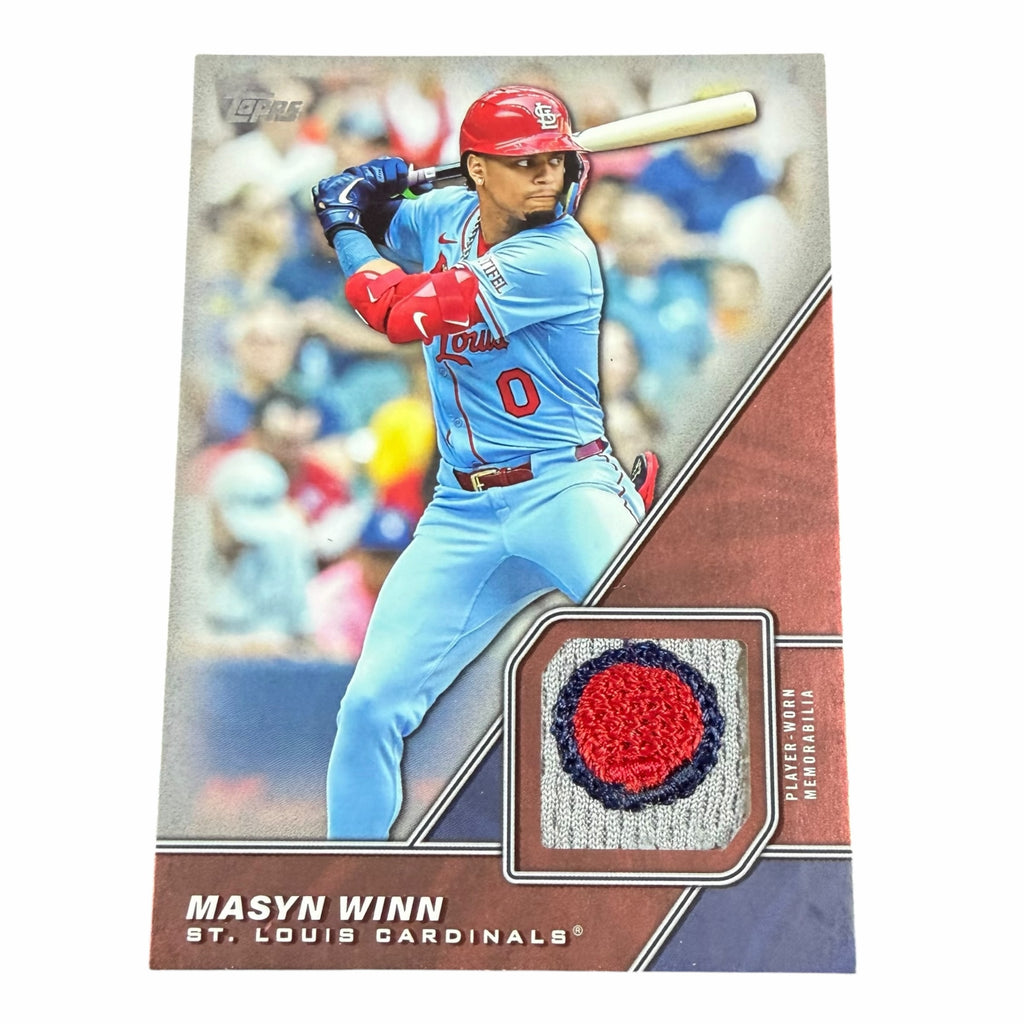 Vangsworld, Inc 1/1 Masyn Winn Topps Major League Baseball relic card featuring an action shot and player-worn patch.