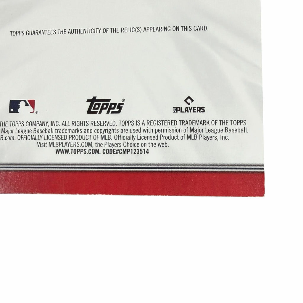 Vangsworld, Inc Masyn Winn Topps baseball relic card back showing official MLB and Topps licensing information