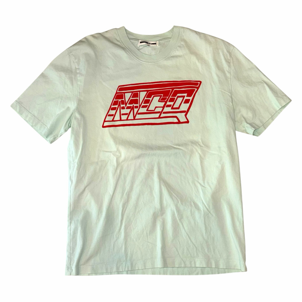 Vangsworld, Inc mint green McQ cotton crewneck t-shirt with a bold red graphic logo print on the chest