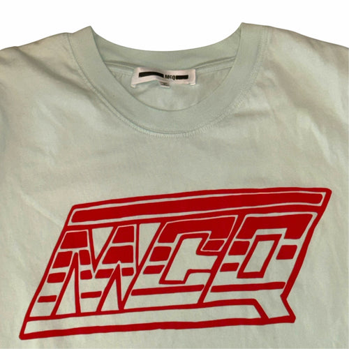 Vangsworld, Inc mint green McQ crewneck t-shirt with a bold red graphic logo print on the chest