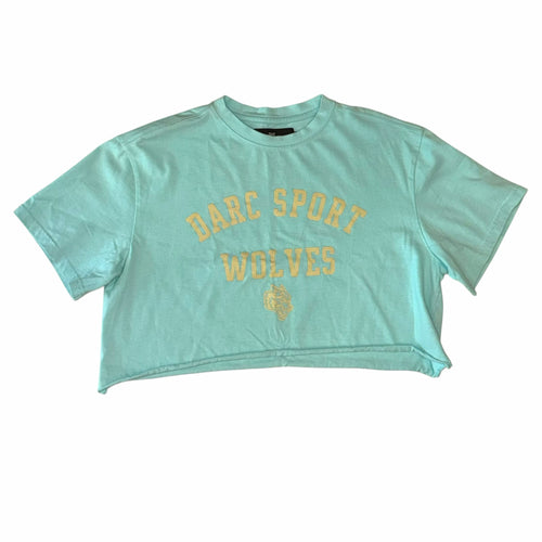 Vangsworld, Inc mint green Darc Sport Wolves graphic crop top with a crew neckline and raw-edge hem.