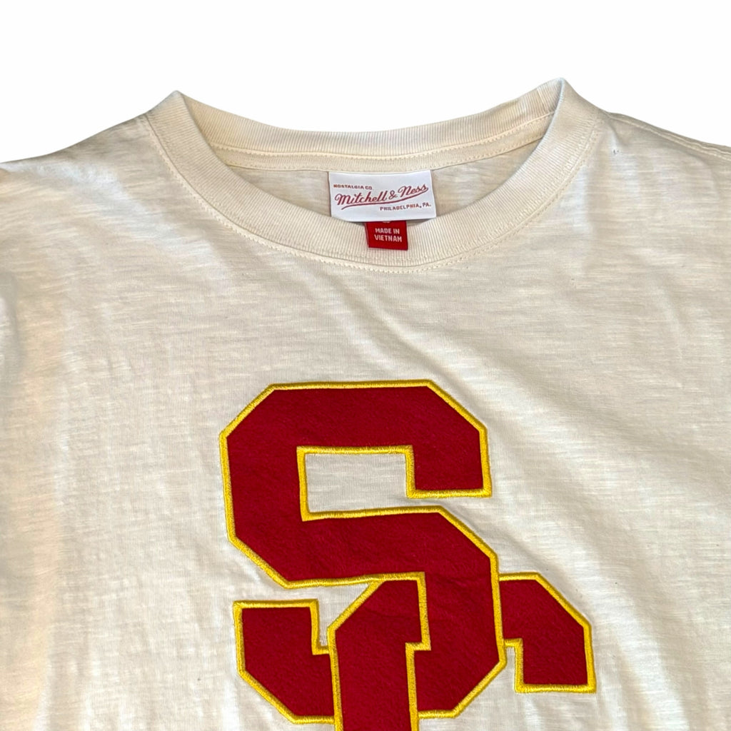 Vangsworld, Inc Mitchell & Ness cream slub cotton long-sleeve tee with felt USC Trojans logo in cardinal and gold
