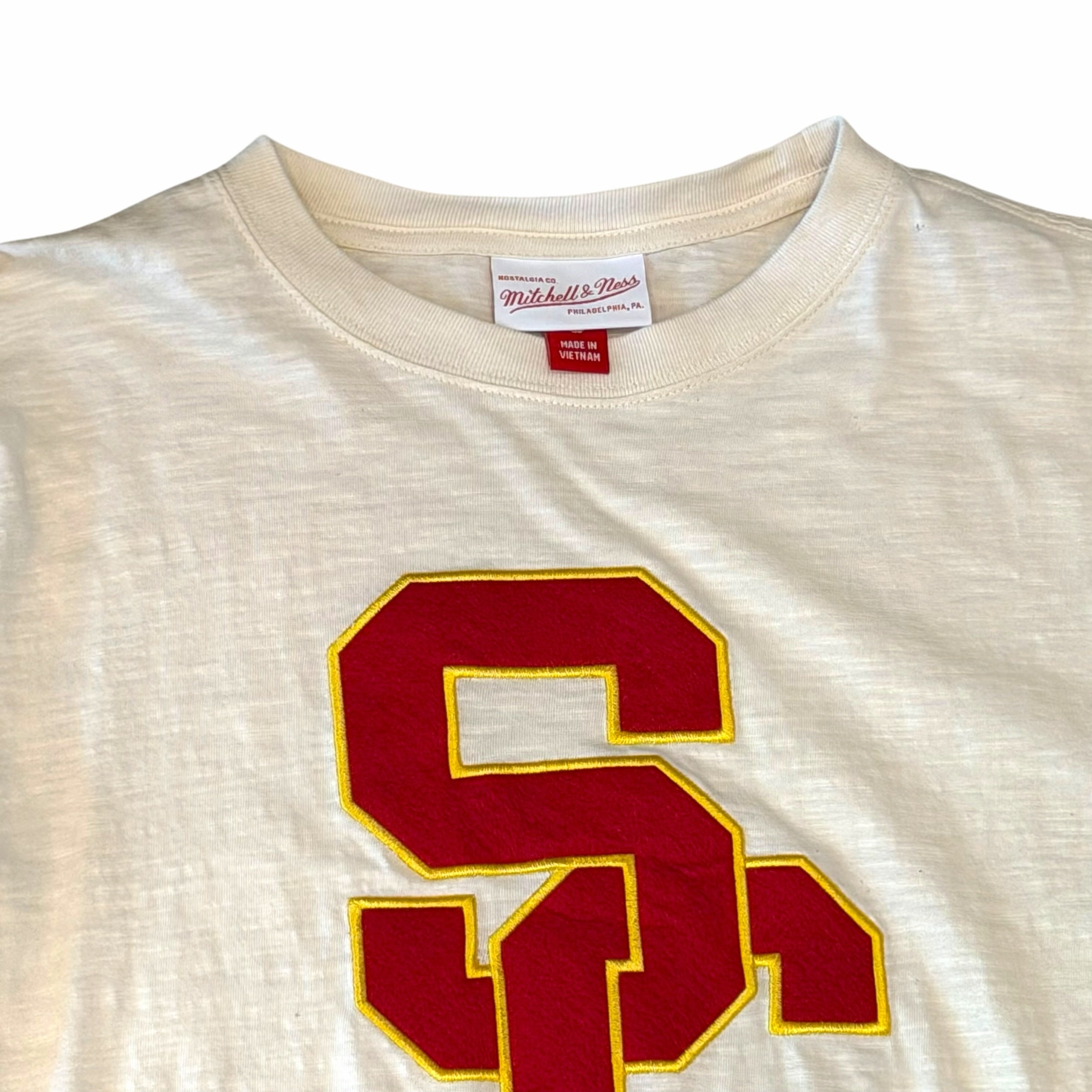 Vangsworld, Inc Mitchell & Ness cream slub cotton long-sleeve tee with felt USC Trojans logo in cardinal and gold