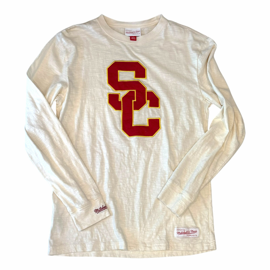 Vangsworld, Inc Mitchell & Ness cream slub cotton long-sleeve USC Trojans graphic tee with felt-appliqué logo